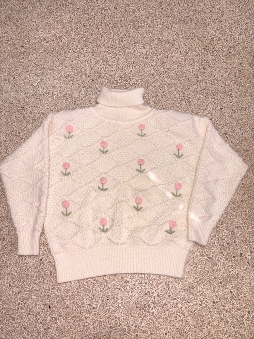 Eminent Cream Turtleneck Sweater with Pink Rose Embroidery